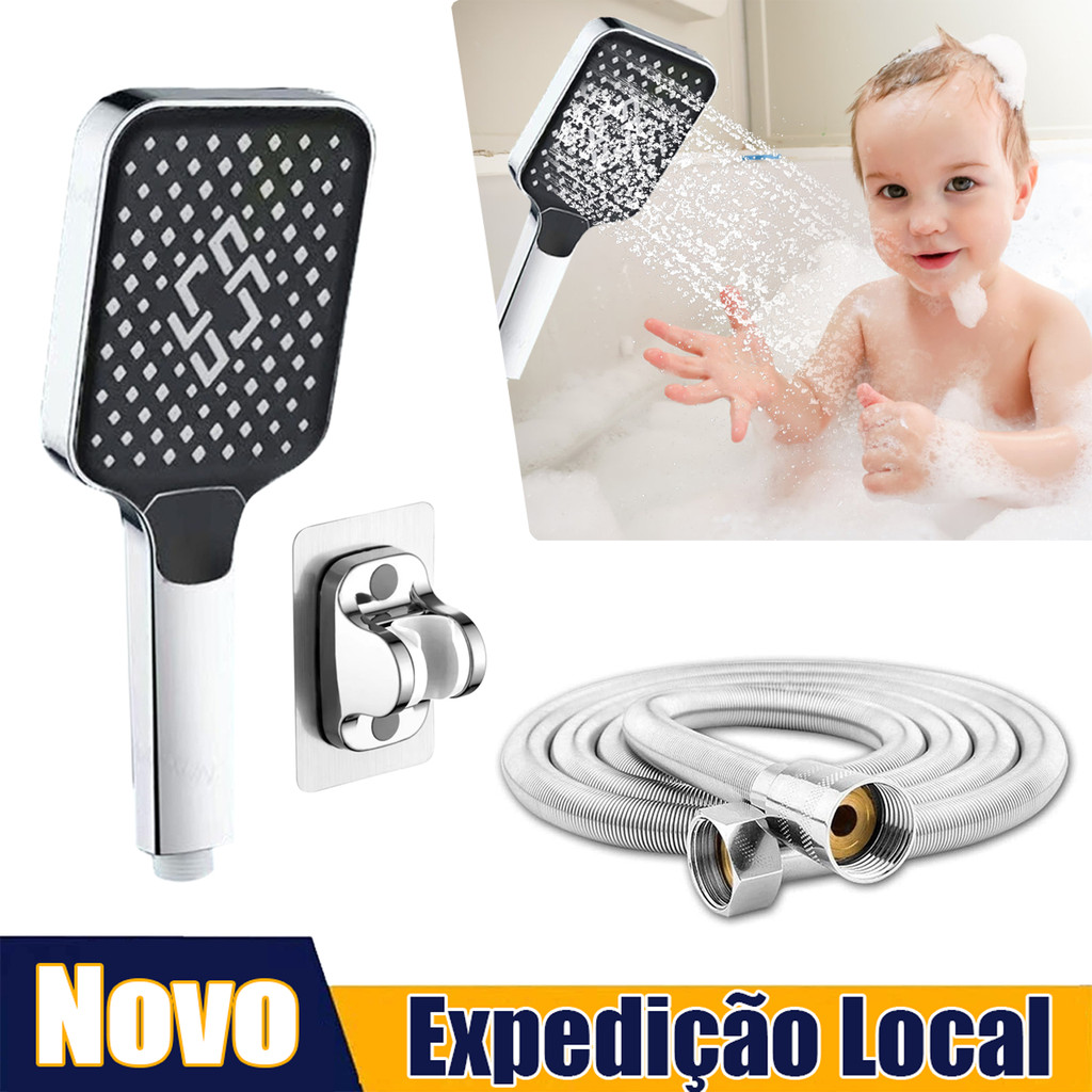 Conjunto de bico booster quadrado, com mangueira em aço inox, base sem punção, pode ser instalado por você mesmo