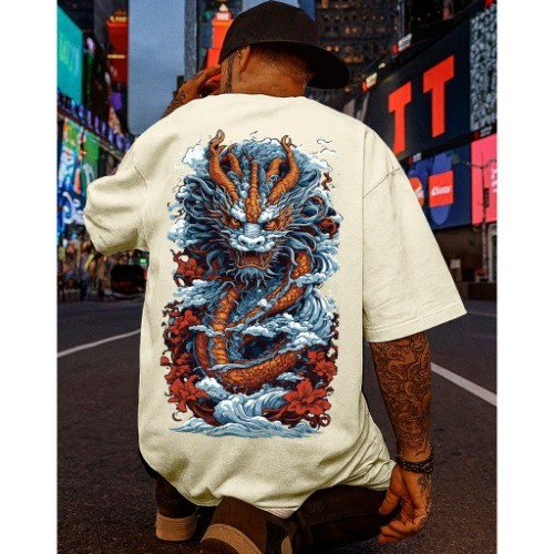 Camiseta Masculina Streetwear Oversized Dragão Japonês Estampada 100% Algodão Premium Lançamento
