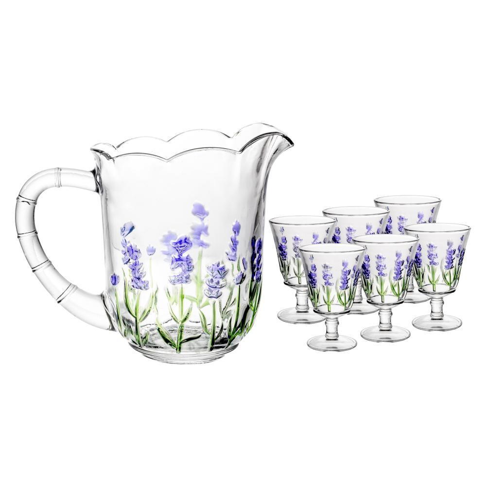Jogo de Jarra 1,3L com 6 Taças 240ml Cristal Lavanda Pintado à Mão - Lyor