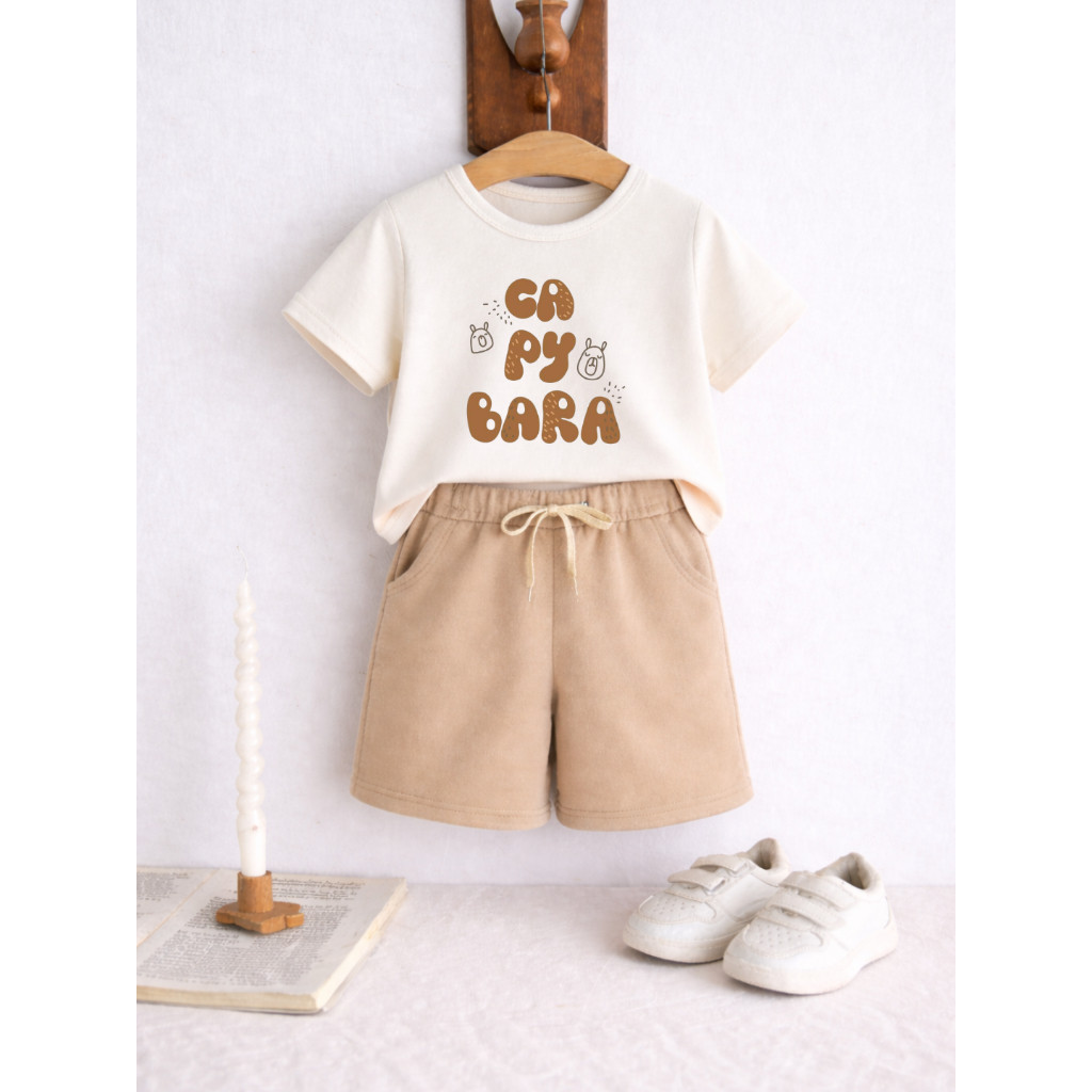 Conjunto Infantil Masculino Camiseta Algodão + Short Moletinho Estampado Capybara Bichinhos 972 Kit
