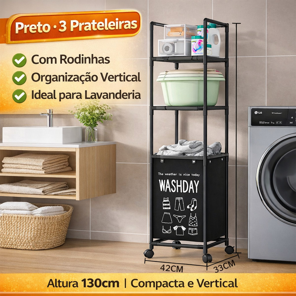 Carrinho Organizador com Cesto de Roupa Suja e Rodas – Estante Multifuncional para Lavanderia (1 a 3 Andares)