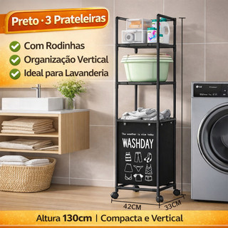 Carrinho Organizador com Cesto de Roupa Suja e Rodas – Estante Multifuncional para Lavand…