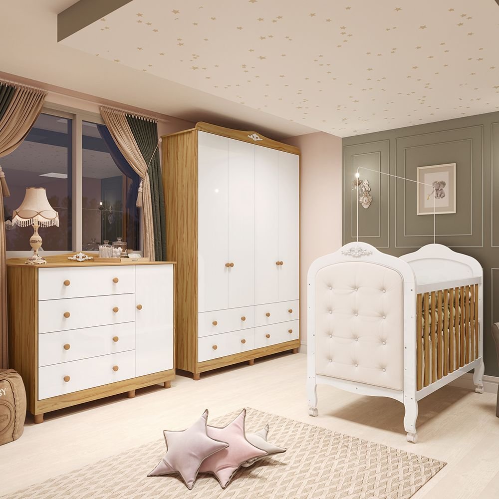 Quarto de Bebê com Guarda-roupa Cômoda e Berço com Capitonê 100% Mdf Maya Clássico Espresso Móveis Branco em Oferta na Shopee