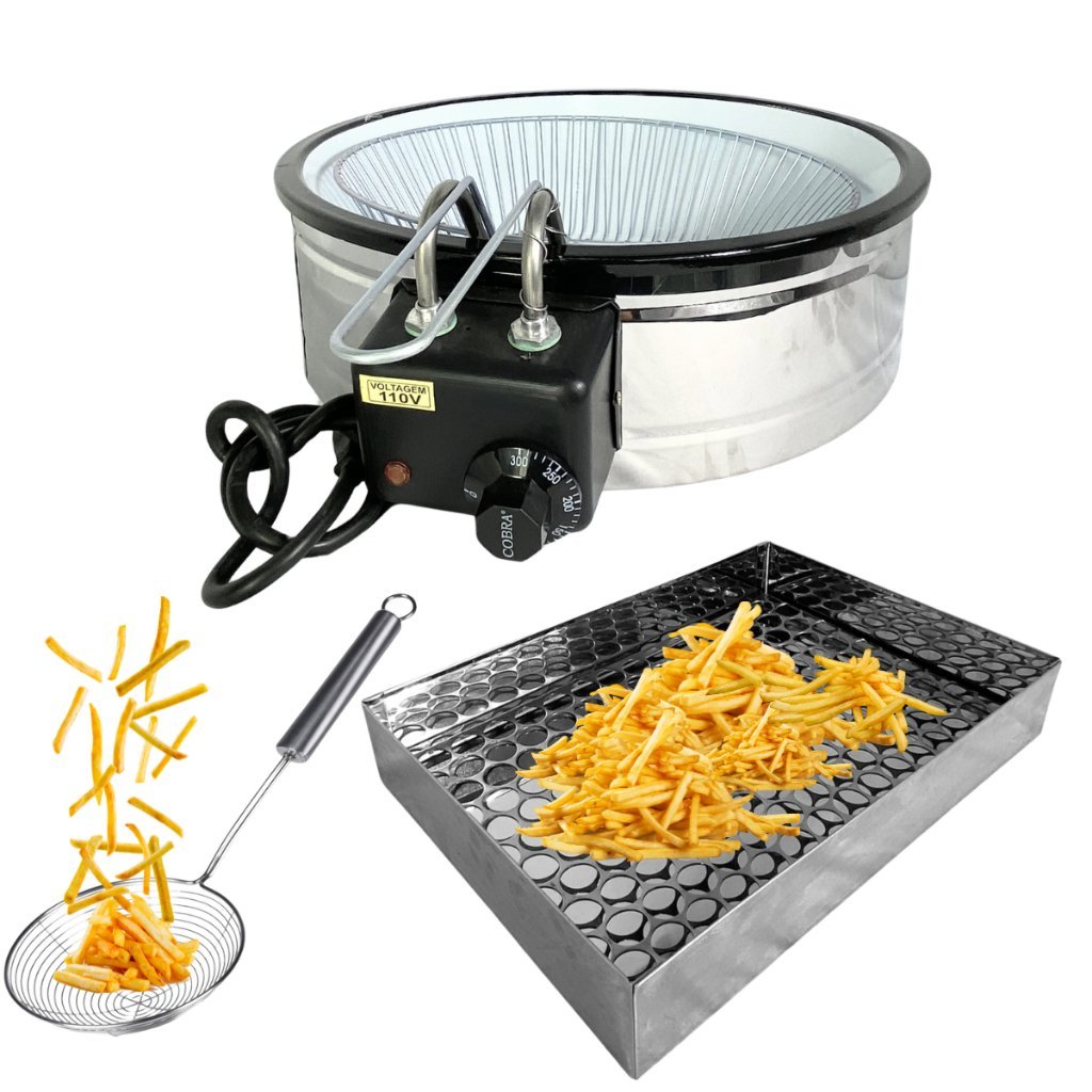 Kit Fritadeira Elétrica Tacho de Pastel 5 Litros Esmaltada com Escorredor de Fritura e Escumadeira 220V