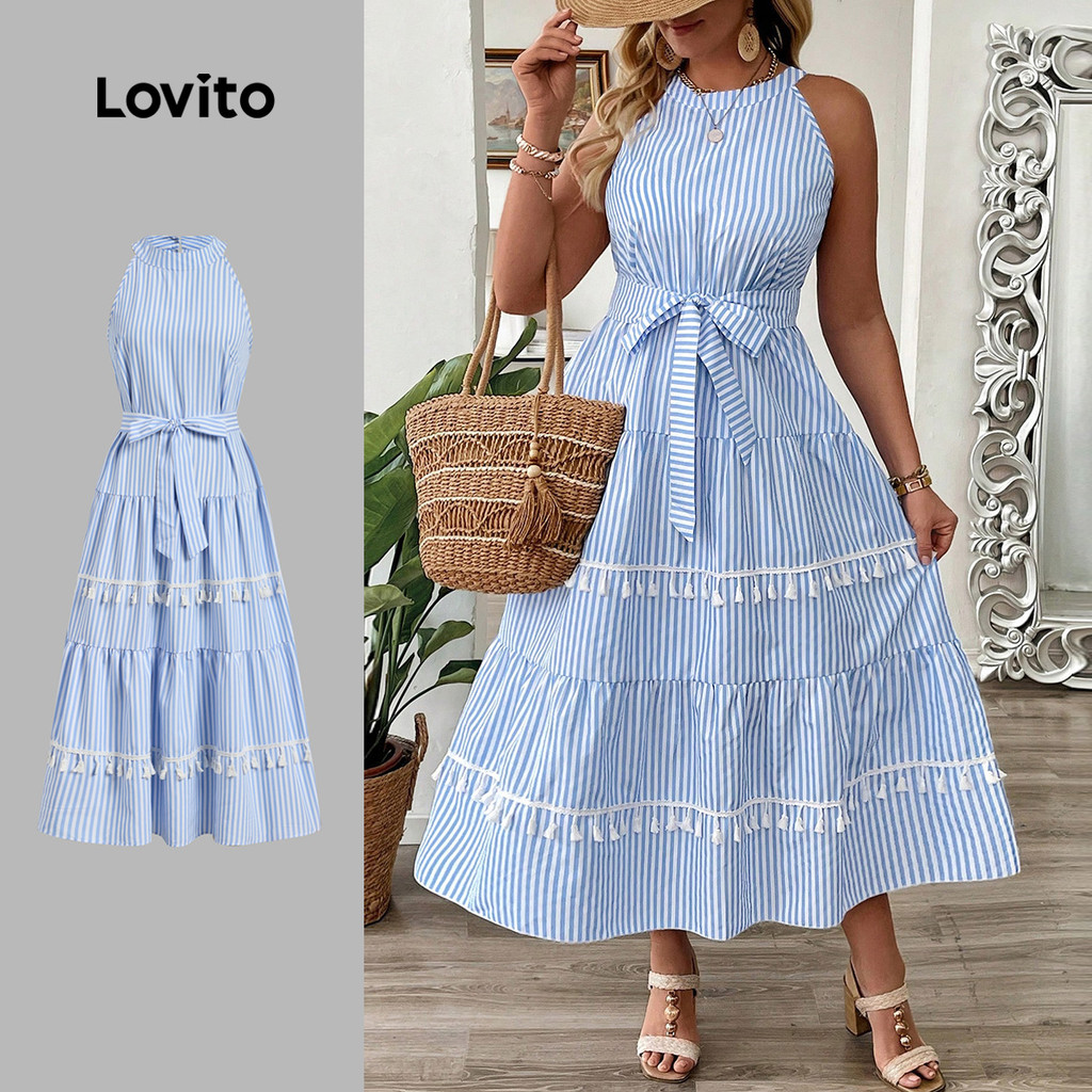 Lovito Vestido Casual com Cinto para Primavera/verão Azul para Mulheres LK2LD224 em Oferta na Shopee