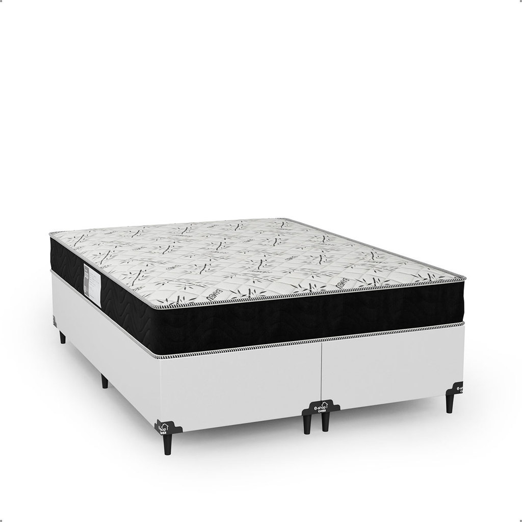 Cama Box Casal Bipartido Couro Branco + Colchão D33 One Face Suede Preto - e-Shop Casa