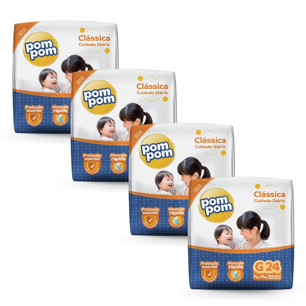 Pack 4x Fralda PomPom Clássica Jumbo G 24un - Elásticos suaves