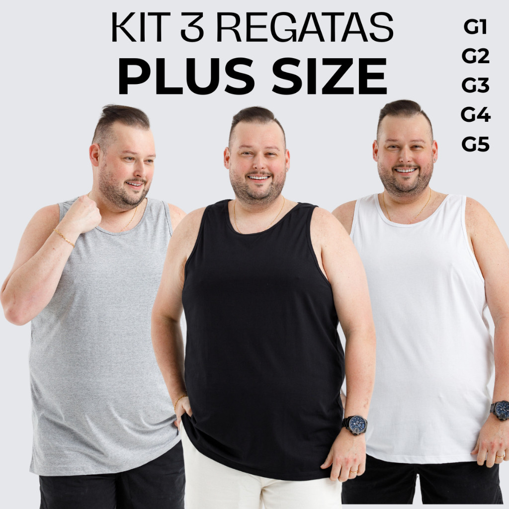 KIT 3 Regata Básica Plus Size Masculina Lisa Grande 100% Algodão G1 G2 G3 G4 G5 em Oferta na Shopee
