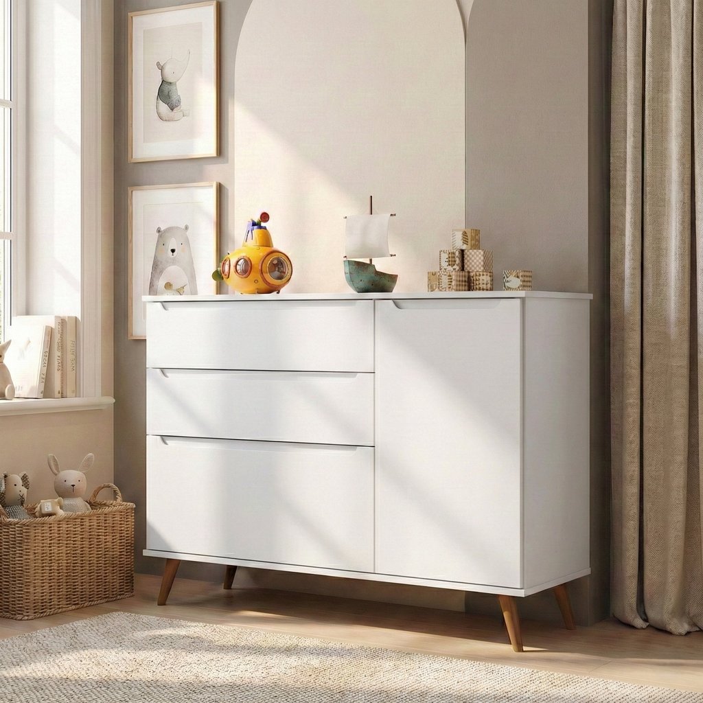 Cômoda Infantil 100% MDF com 3 Gavetas e 1 Porta Retrô Melinda Branca Branco em Oferta na Shopee