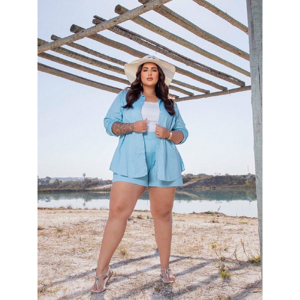 Conjunto Camisa e Short Plus Size Tamanho Grande Alfaitaria Linho Promocao Blogueira GG EXG G1 em Oferta na Shopee