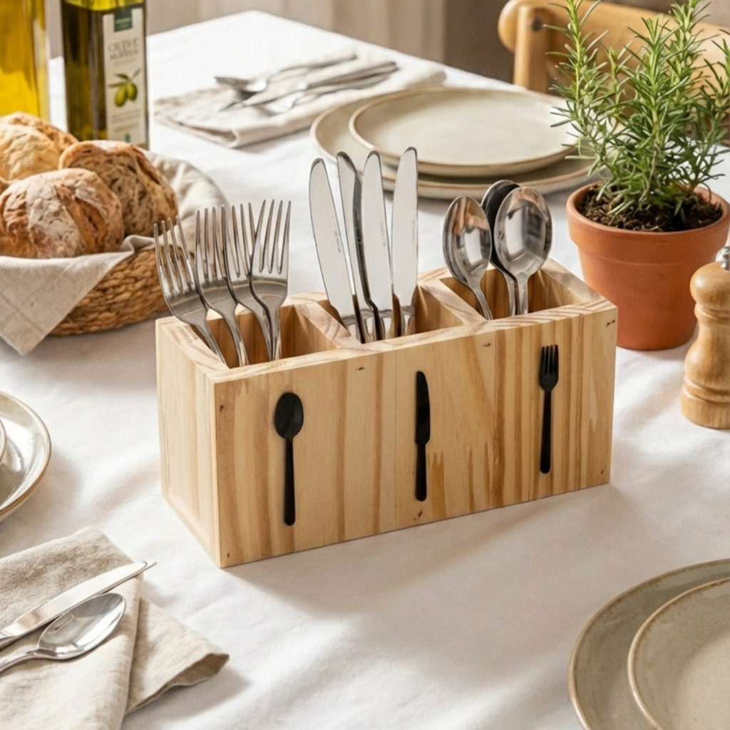 Porta Talheres Multiuso de Madeira e Acrílico Com Divisória de Mesa Organizador