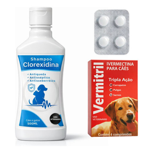 Kit Vermífugo Ivermectina 3mg + Shampoo Clorexidina para Cães Médios até 15kg Carrapato Sarna Pulgas