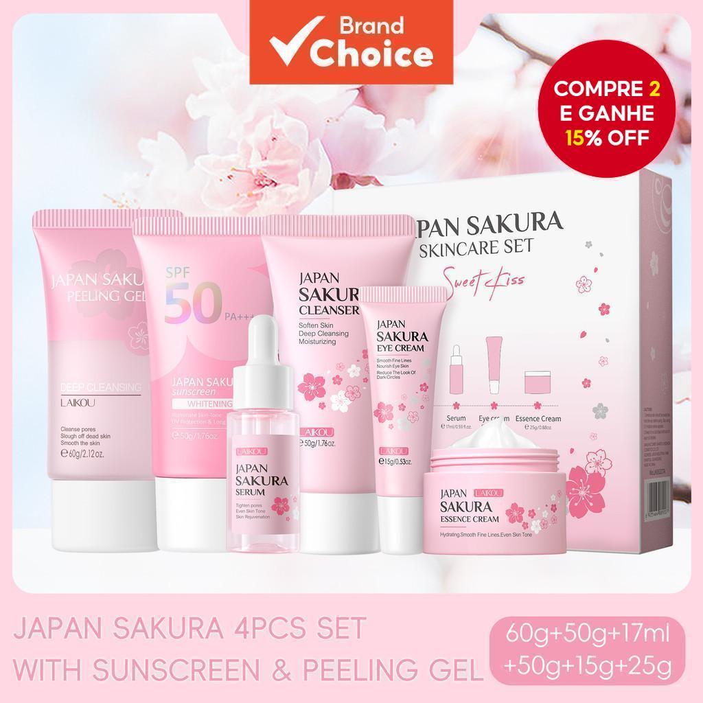 LAIKOU Sakura 4pcs Tratamento de Pele Anti-Envelhecimento com Gel Descascador e Protetor Solar SPF50 PA+