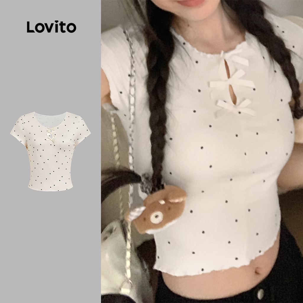 Lovito Camiseta Casual De Bolinhas Com Estampa De Laço E Babados Verão E Primavera Damasco WomenL136AD309 em Oferta na Shopee