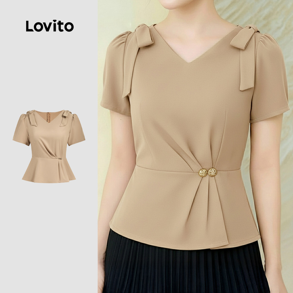 (NEW) Lovito Blusa Elegante Laço Botão Plissada Primavera/verão Blusa Cáqui para Mulheres. L178LD094