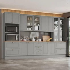 Cozinha Completa Americana 13 Portas 7 Gavetas com Vidro 100% Mdf Cinza/Nature - Henn