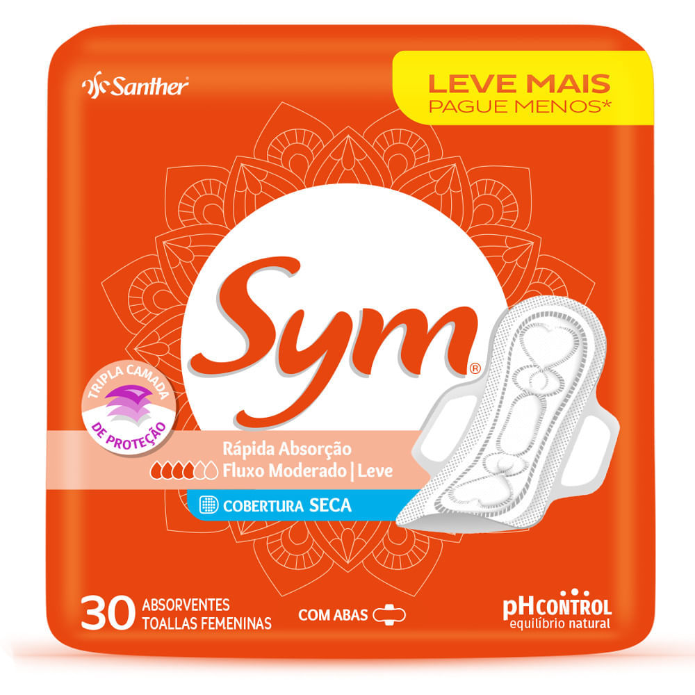 Absorvente Sym Cobertura Seca com Abas 30 Unidades Leve Mais Por Menos
