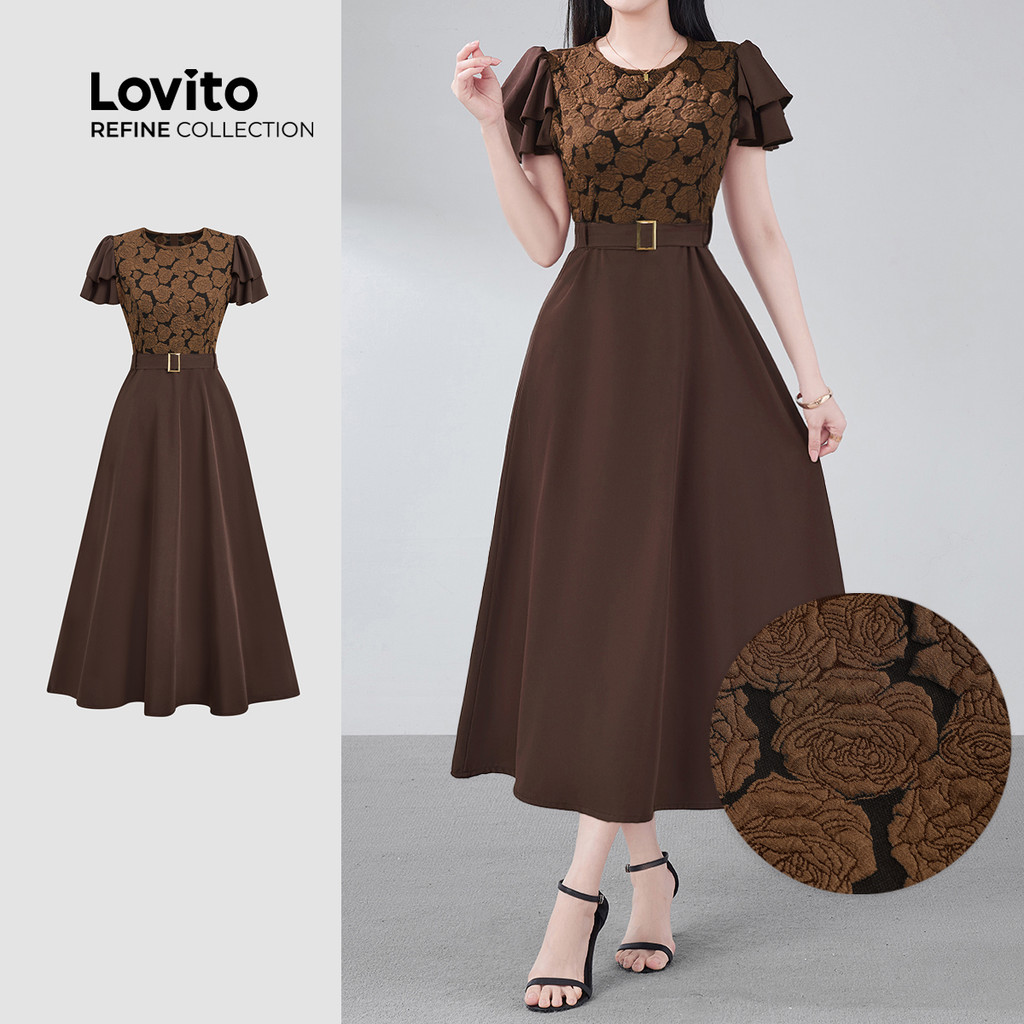 (Lovito Refine)  Tecido Jacquard para Primavera/verão Vestido Marrom Mocha para mulheres. LR29E009 em Oferta na Shopee