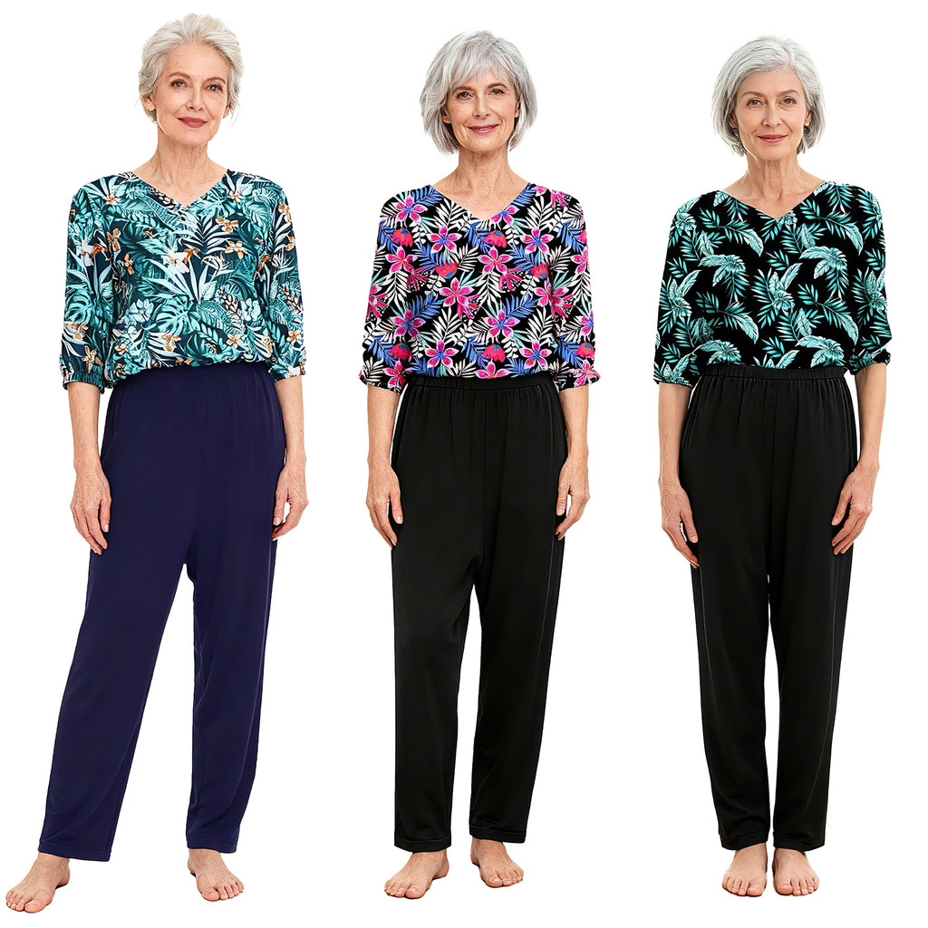 inhzoy Macacão Feminino Alzheimer Para Idosos Com Estampa Adaptativa E Gola V , Manga 3/4 , Perna Larga , Zíper Traseiro