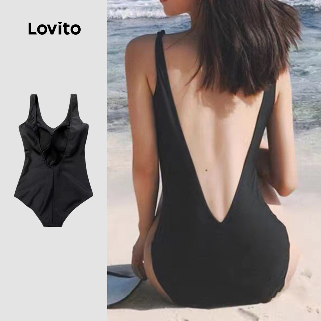 Lovito Roupa de Banho Feminina Preta Sporty One Piece Sem Costas para primavera/verão LNE130X021 em Oferta na Shopee