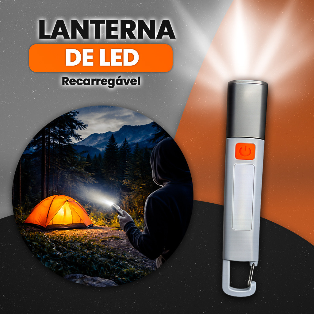 Lanterna LED 300 Lumens Recarregável USB-C Zoom Ajustável 5 Modos Longo Alcance IP54 Portátil
