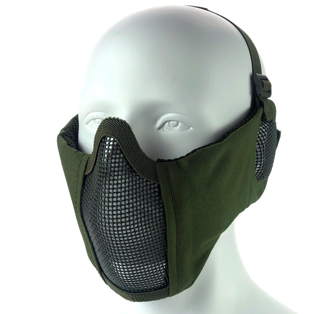 Máscara MILQUEST para airsoft com proteção para os ouvidos, rede e cobertura facial.