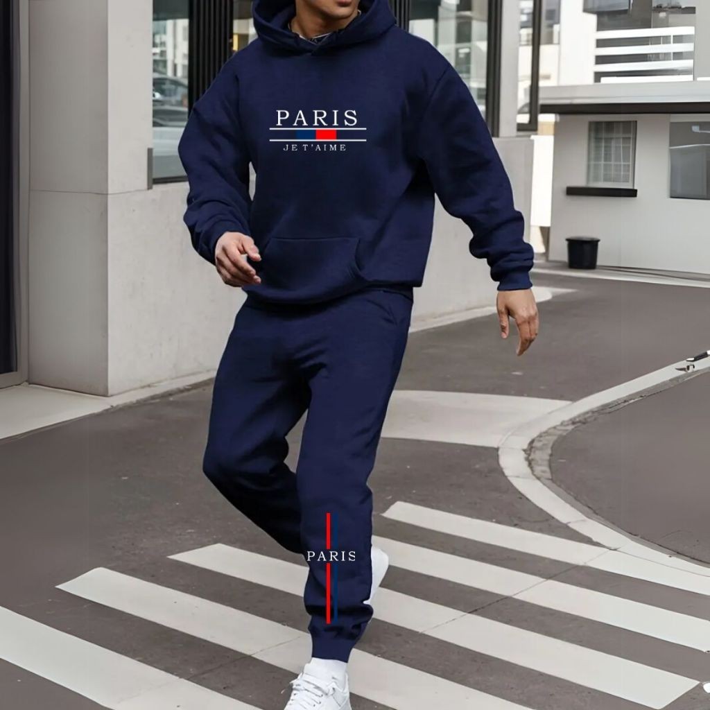 Conjunto Agasalho De Frio C/Capuz+ Calça Moletom Estampado Paris Moda Unissex Inverno Casual Estiloso Algodão Premium