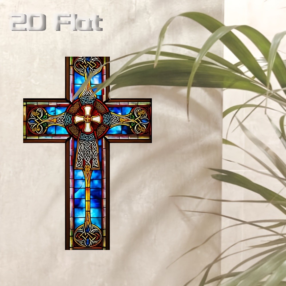Crucifixo de Parede Estilo Igreja Plano 20.32x30.48 cm - Design em Vitral Vibrante, Decoração Religiosa para Casa, Acent
