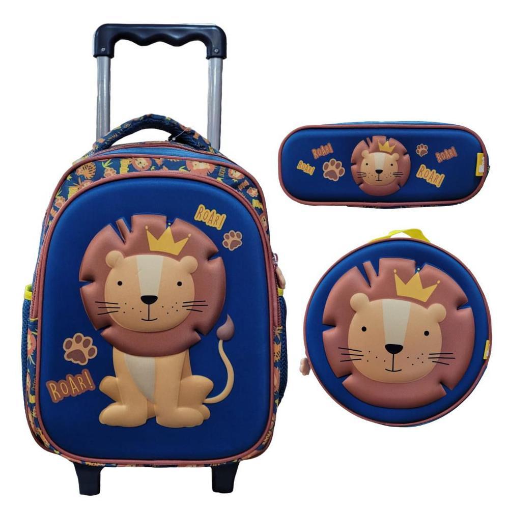Kit Escolar Infantil Mochila de Rodinha Lancheira e Estojo 3D Leão Yins YS42245