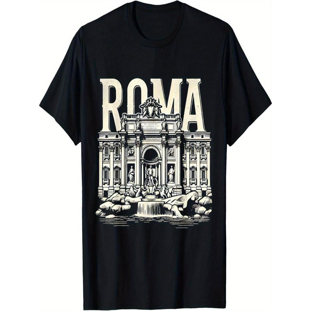 T-shirt Gráfica Romana Fonte Trevi para Homem - Estampa Vintage de Marco da Itália, & Design de Arquitetura Italiana, Ca