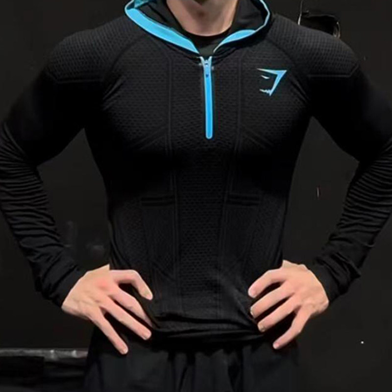 Top esportivo masculino American Fitness Shark sem costura Slim fit de secagem rápida manga comprida
