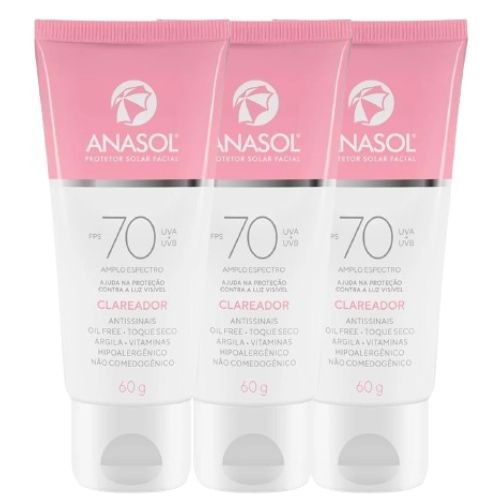 Kit Anasol Protetor Facial Fps 70 Clareador  60 gr Toque Seco com 3 unidades Vegano