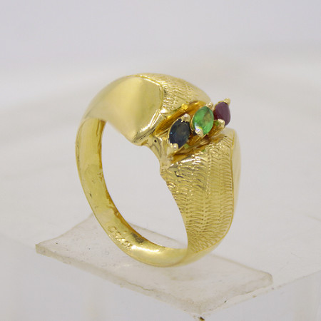Anel Bombê Navete Rubi, Safira e Esmeralda Aro 18 Ouro 18k