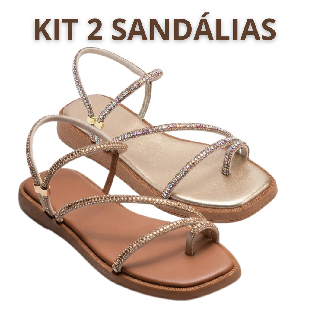 Kit 2 Pares Papete Feminina Rasteira com Strass Brilhante Tiras Finas Ajustável Confortável L em Oferta na Shopee