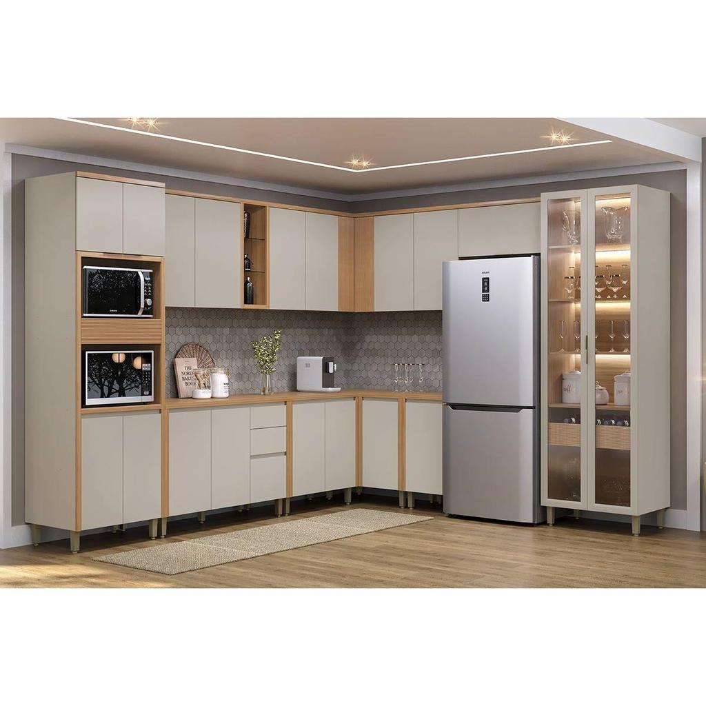 Cozinha Completa Allure 11 Peças (5Aéreos+4Balcões+1Cristaleira+1Paneleiro) CP01 Jequitiba/Gris Fosco - Linea Brasil em Oferta na Shopee