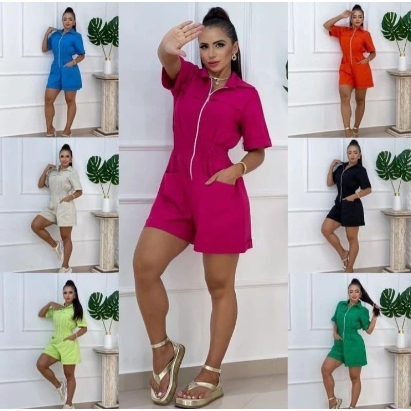 Macaquinho Feminino Linho Com Zíper Bolso Manga Curta Sem Bojo Macacão Tendência Verão