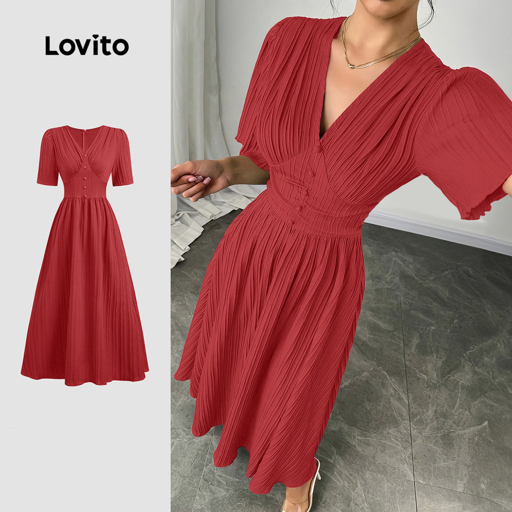 Lovito Vestido Elegante Com Franzidos Cor Vinho Para Mulheres Primavera/verão LBL30048 em Oferta na Shopee