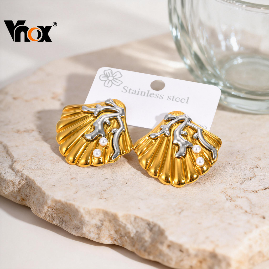 Brincos De Concha De Pérola Vnox Para Mulheres E Meninas , Acessórios De Praia Hipoalergênicos De Aço Inoxidável Dourado
