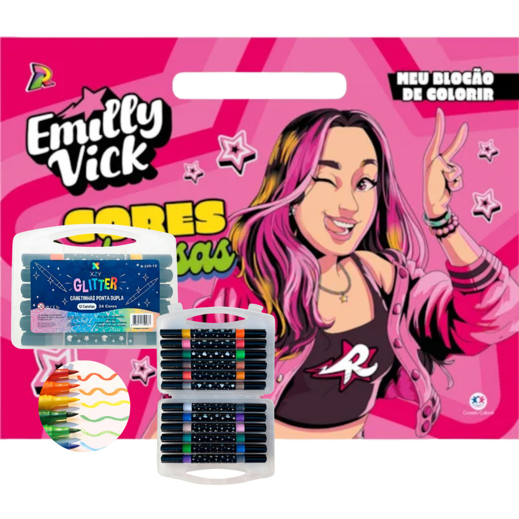 Livro De Colorir Blocão Dos Rosas Emily Vick Mais Kit 12 Canetinhas Pontas Duplas 24 Cores Diferentes Brilhantes Glitter