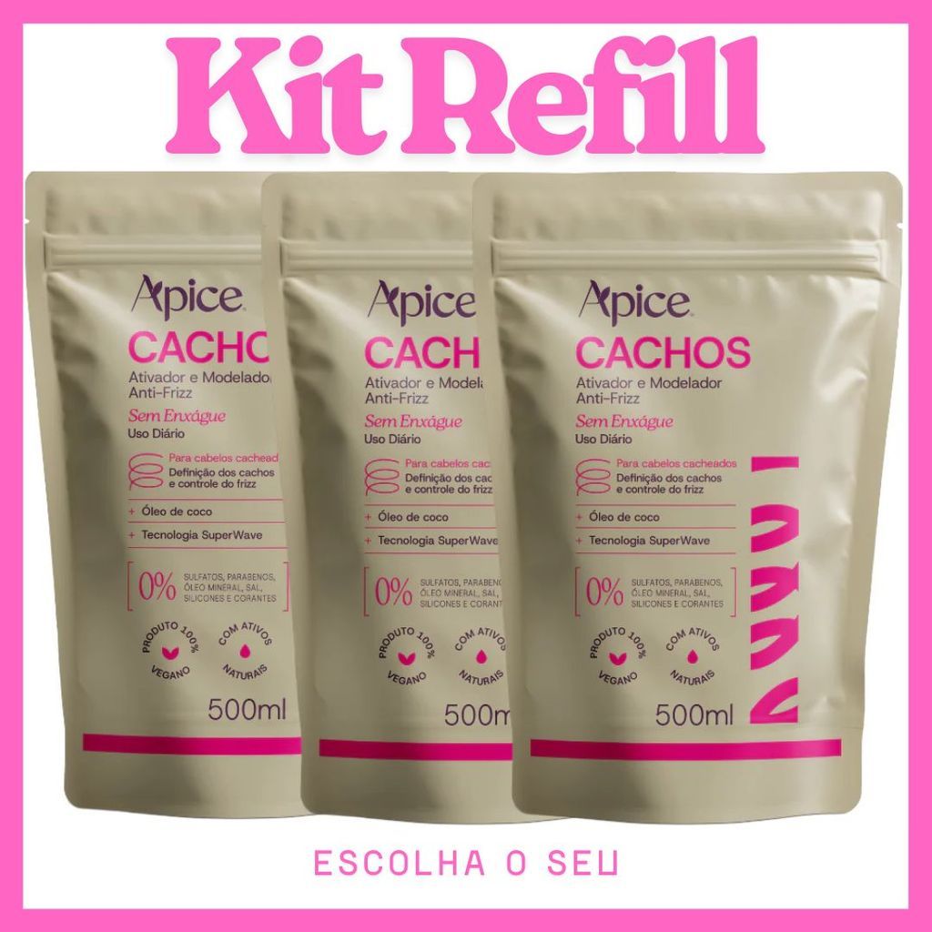 Ativador e Modelador Anti-Frizz Cachos Ápice Refil 500g | Escolha 1, 2 ou 3 Unidades