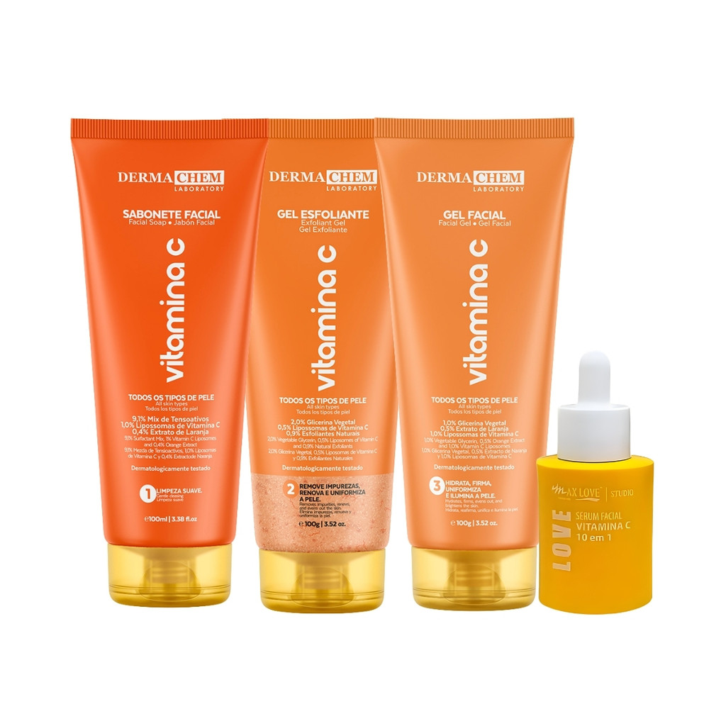 Kit Skin Care Clareador Facial Vitamina C - Sabonete, Esfoliante Dermachem, Gel e Sérum Max Love