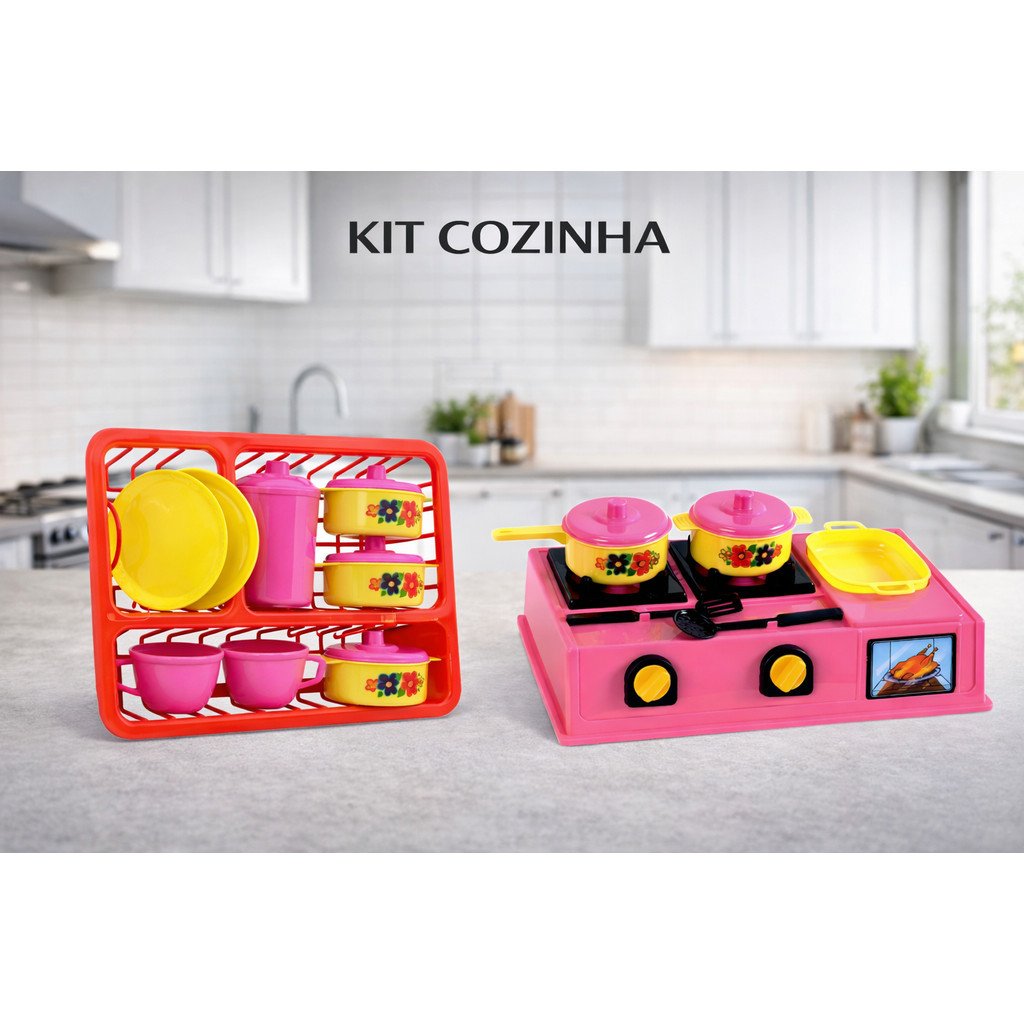 Kit fogão escorredor de louça menina panelinha cozinha presente infantil cooktop diverplas