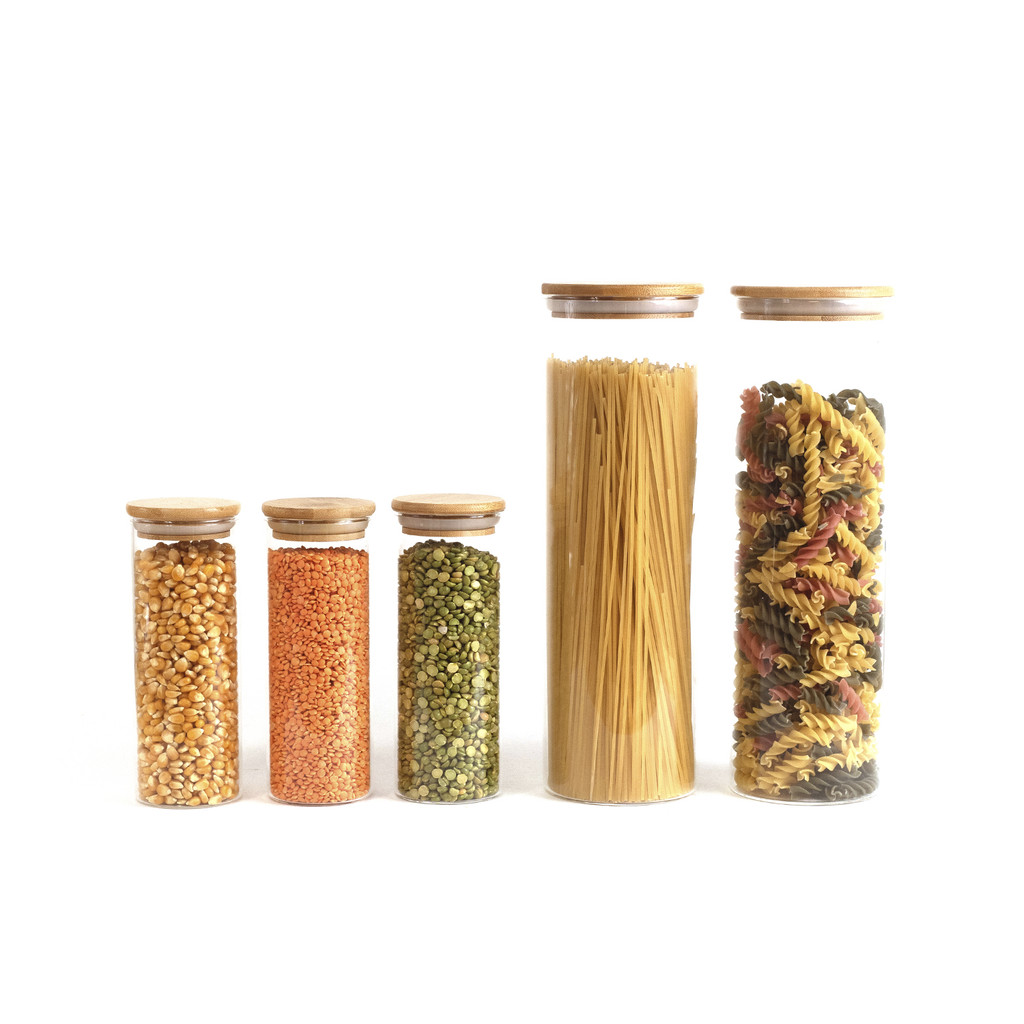 Kit Potes Hermeticos Vidro Circular Bambu 2000/450ml - 5 pçs Oikos
