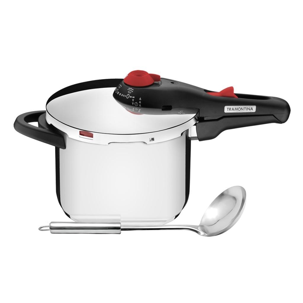 Panela de Pressão Tramontina Solar 6 Litros em Aço Inox Fundo Triplo e Indução com Concha Inox