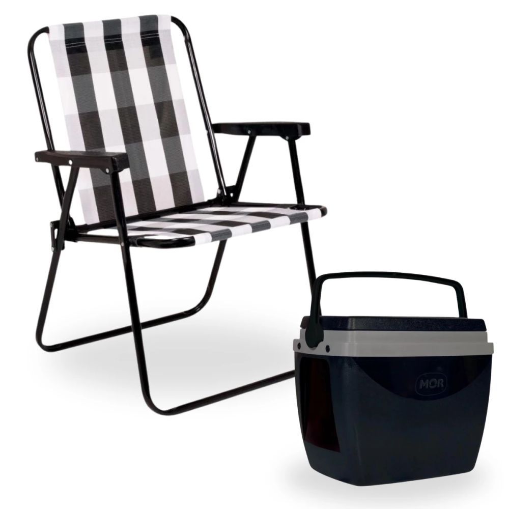 Kit Cadeira de Praia Alta Retro Aço + Caixa Térmica Preta 18l Praia Camping Pesca