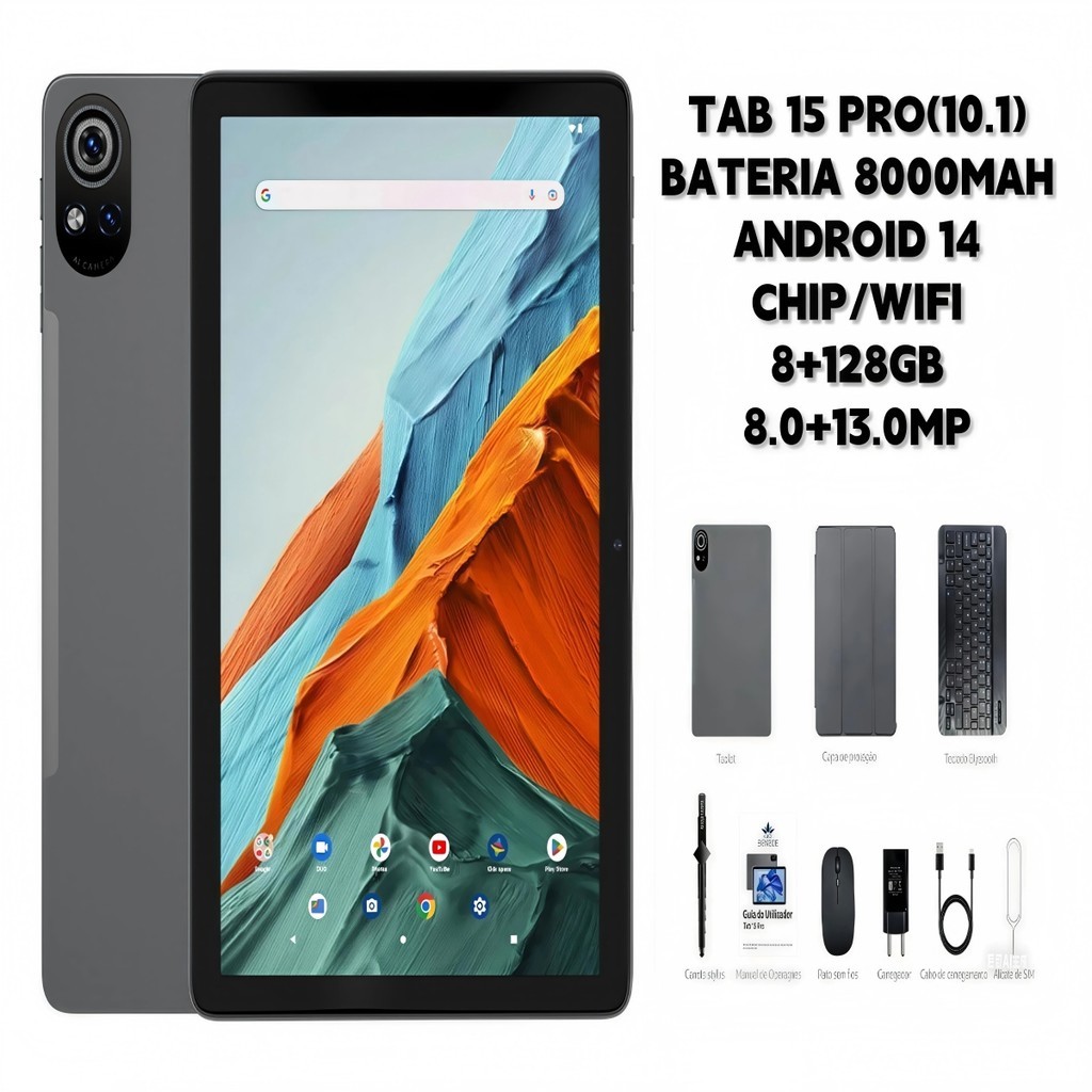 Tablet 15 PRO(10.1) 8000mah Android 14Wifi com chip Teclado+Mouse 8GB RAM 128GB Câmera Bluetooth