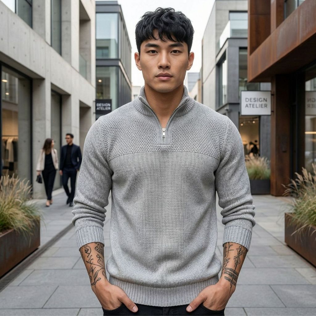 Blusa Suéter Masculino Trico Ziper Gola Alta Manga Longa Moda Inverno Casual Confortável Estiloso