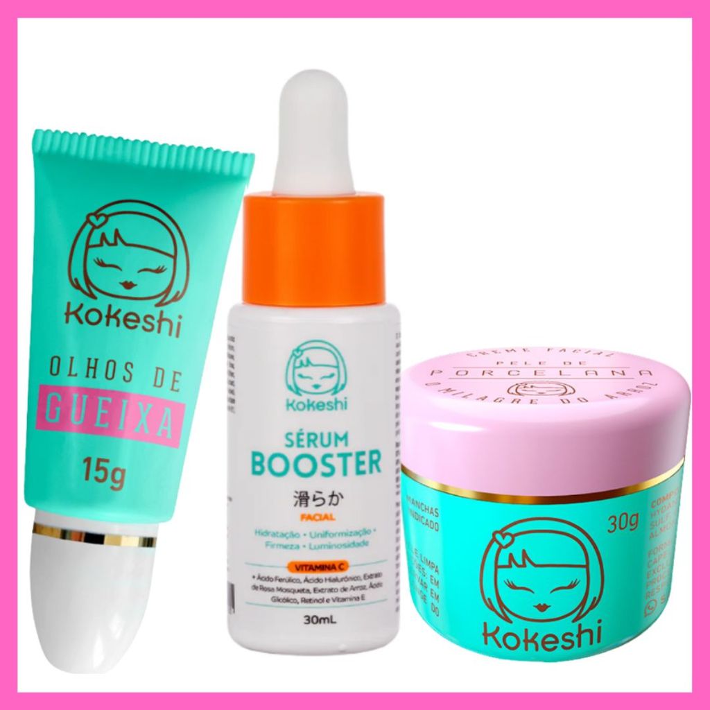 Kit Skincare Renovador Kokeshi – Pele de Porcelana + Olhos de Gueixa + Sérum Vitamina C