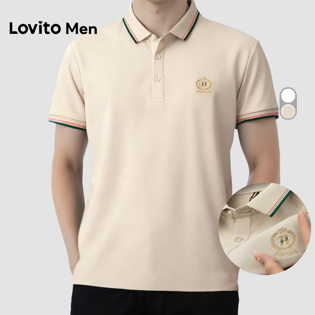 Lovito Men Camisa Polo Branca para Homens Primavera/verão Camisa Polo Casual com Contraste de Encadernação LNE127009