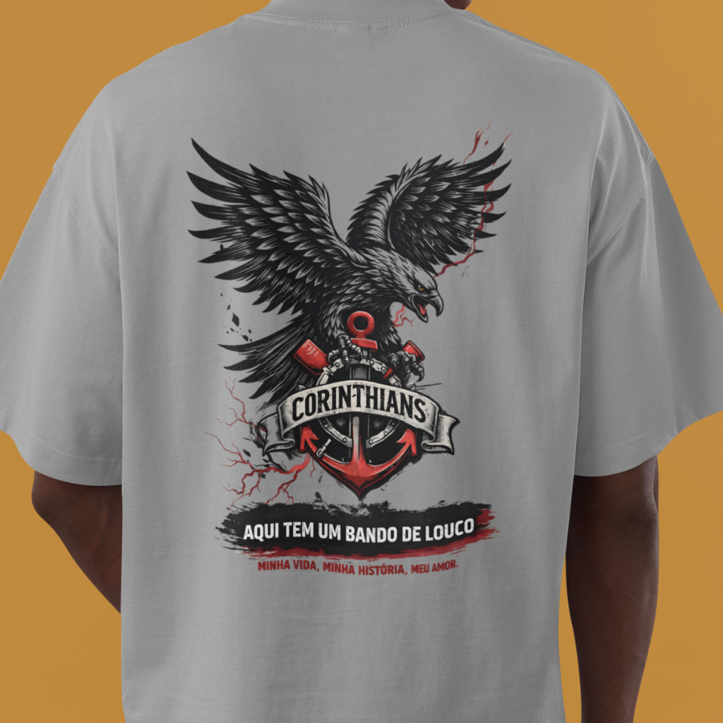 Camiseta Corinthians Aqui Tem Um Bando de Louco – Estampa Águia Torcida Fiel Camisa Masculina